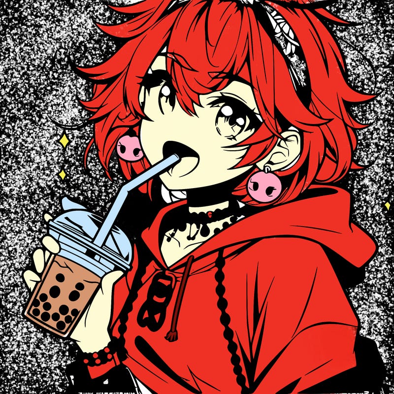 hot baddie anime girl drinking boba and biting the straw