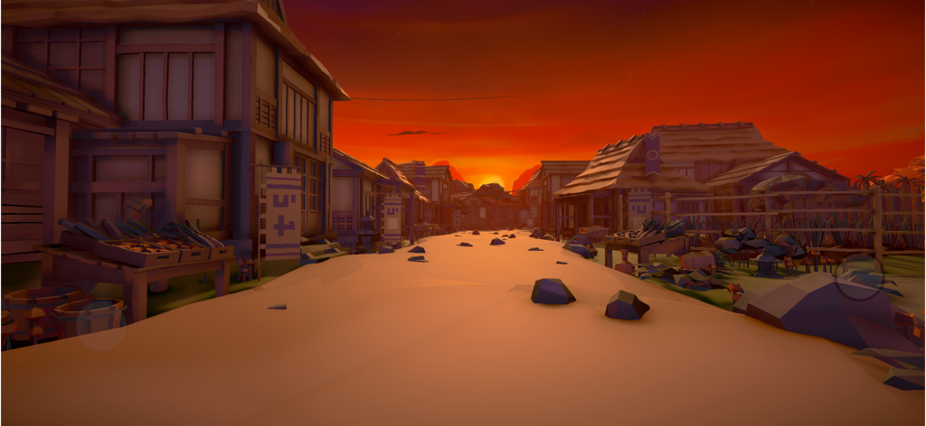 Warbox Sandbox - Pueblo japonés antiguo de baja poligonización al atardecer en el entorno del juego Warbox Sandbox.