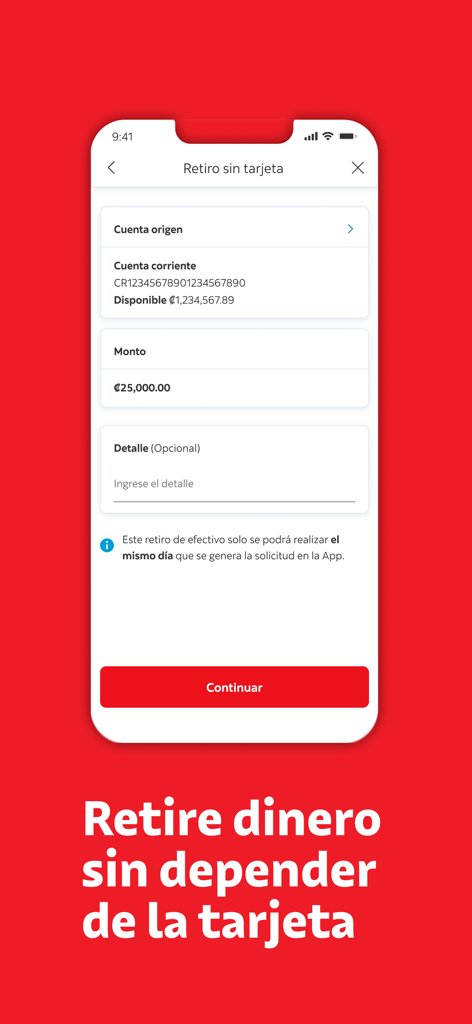 Interfaz móvil de la aplicación Scotiabank CR que muestra la configuración de retiro sin tarjeta