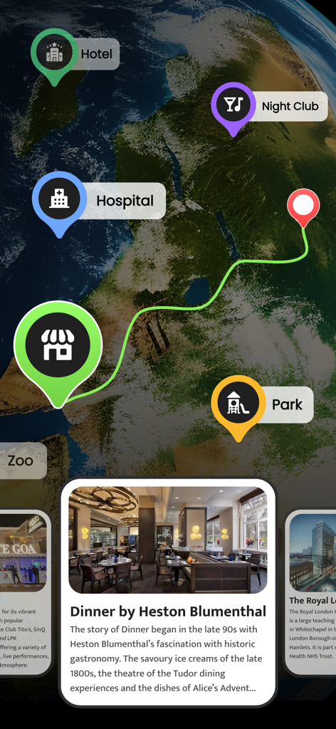Street View Maps Live Earth 3D - Interfaz de mapa satelital 3D que muestra pines de puntos de interés y una tarjeta de información de restaurante