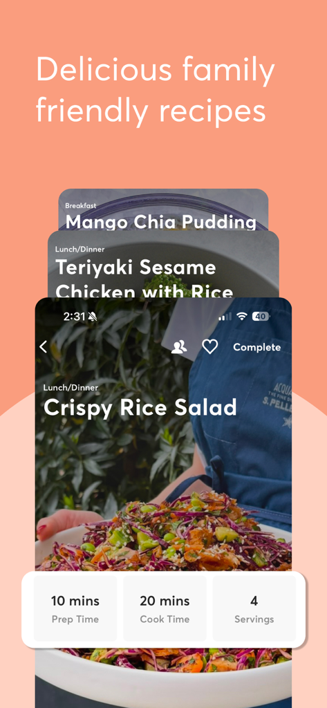 A collection of healthy family friendly recipes in the 28 by Sam Wood app showing a crispy rice salad with prep and cook times