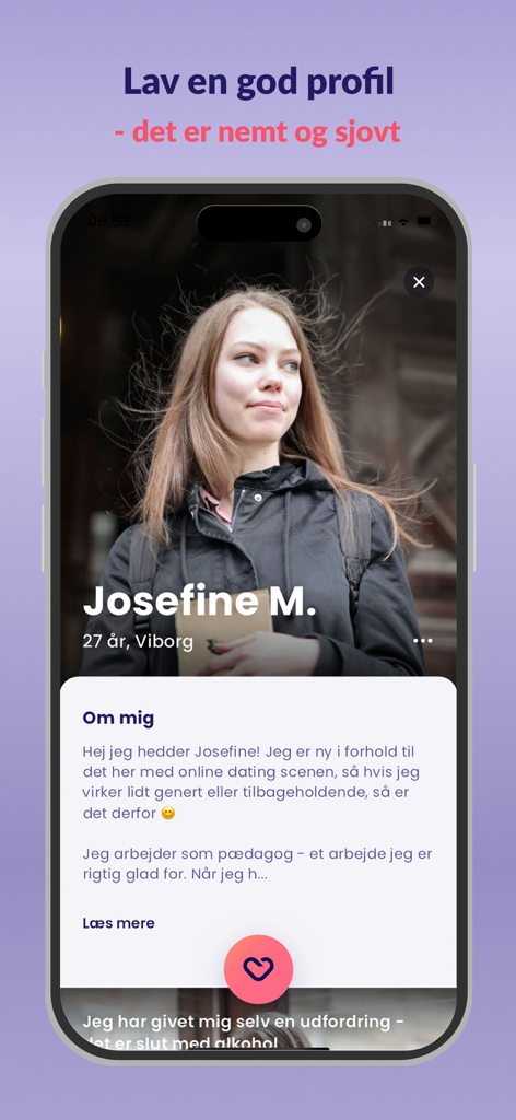 Dating.dk - Dating.dk mobile app screen showing a detailed user profile with a photo and personal bio