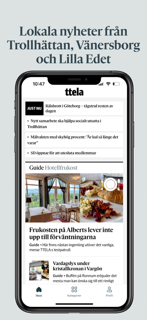 TTELA - TTELA mobile app interface showing local news headlines from Trollhattan and Vanersborg