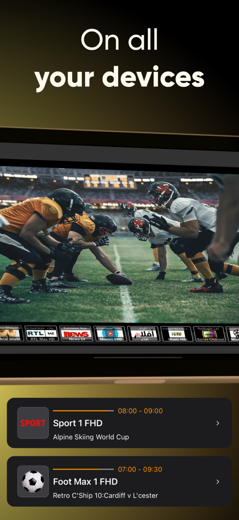 IPTV Streamer Pro - Interface de l'application IPTV Streamer Pro affichant du sport en direct et un guide des programmes détaillé sur plusieurs appareils