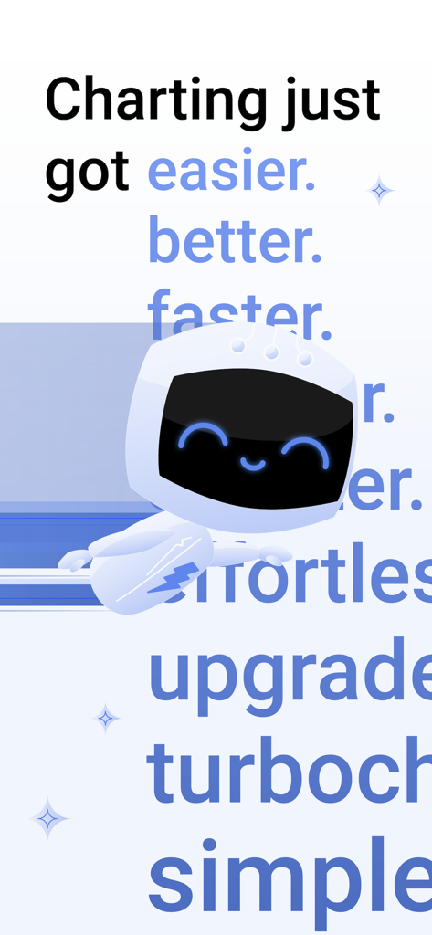 Friendly AI robot mascot for Chartnote Mobile with slogan charting just got easier better faster