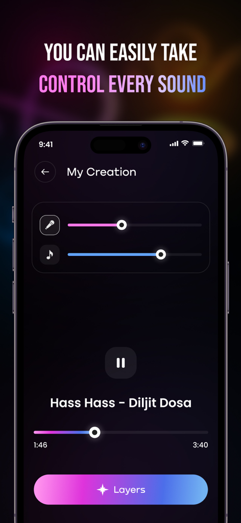 DJ Whisk AI - Make Mashup Song - Interface of DJ Whisk AI app showing volume controls for vocal and instrumental tracks