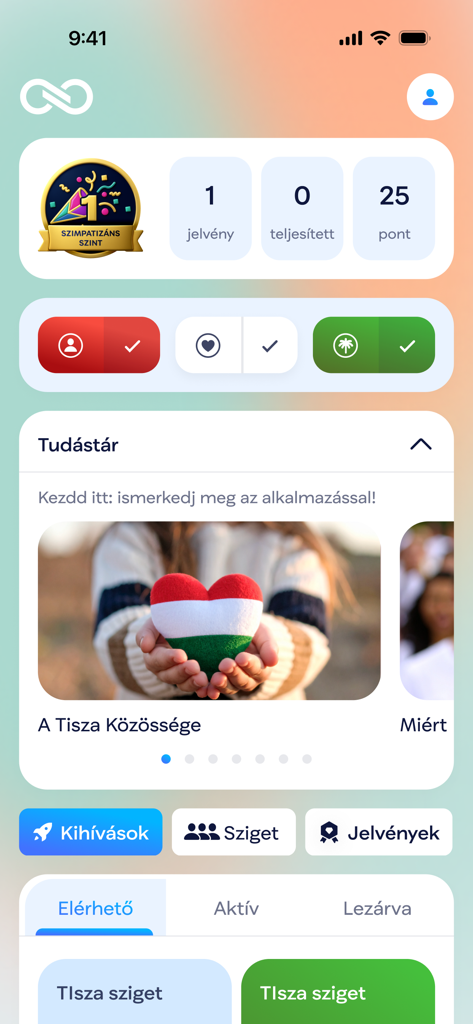 TISZA Világ - Dashboard of TISZA Vilag app featuring user points badges and community engagement tasks