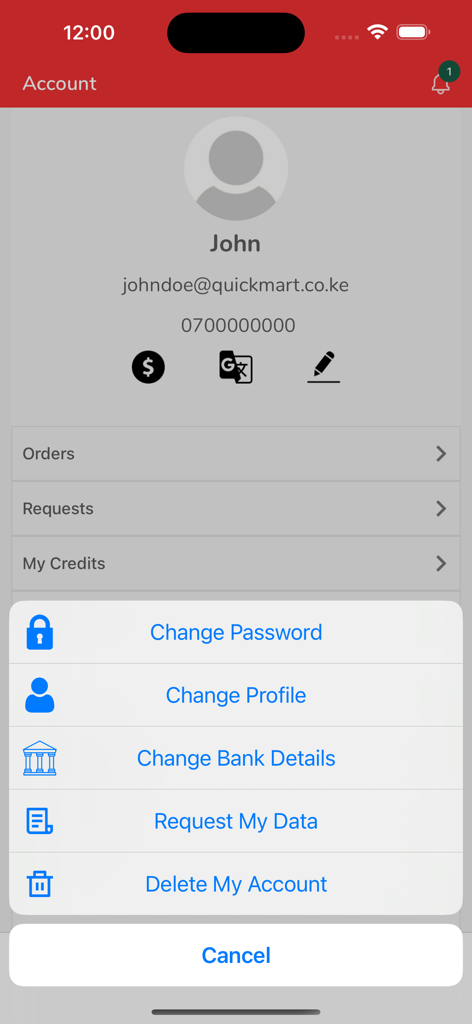 Quickmart Online - Q SOKO - Quickmart Online app account settings menu with profile management options