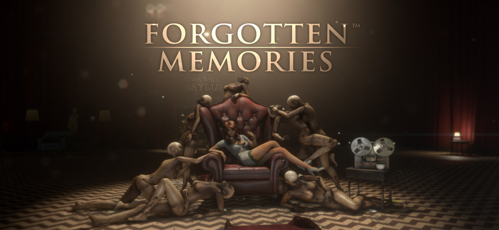 Promotional artwork for Forgotten Memories Remastered showing a woman in a red armchair surrounded by mannequins in a dark room