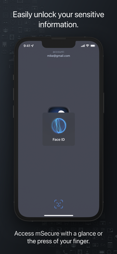 mSecure app screenshot showing Face ID biometric authentication for secure access on iPhone