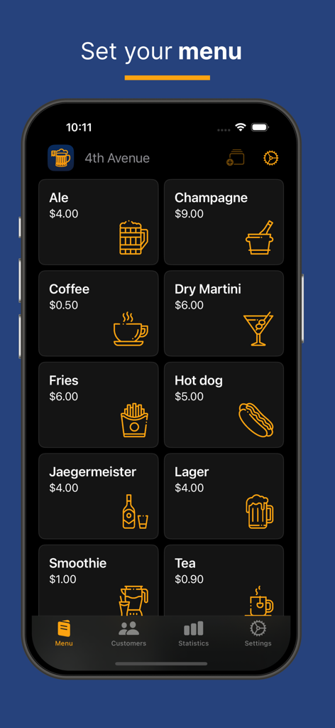 Screenshot of the Bartab app showing the menu setup screen with various food and drink items and their prices