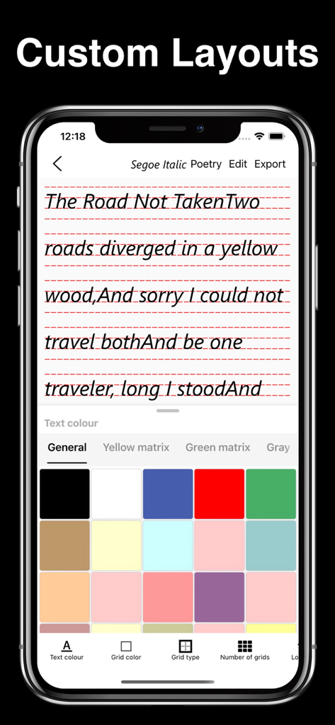 Interfaccia dell'app Calligraphy Master che mostra le opzioni di layout personalizzato e colore del testo