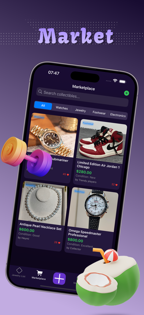 Live Chat，Content Share -Snivo - Snivo-App-Marktplatz-Bildschirm, der Luxusuhren-, Sneaker- und Schmuckangebote für Sammler anzeigt.