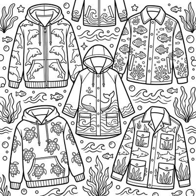 This unique coloring page presents a stylish collection of outerwear, each piece adorned with charming marine life motifs. Explore an ocean-inspired wardrobe filled with dolphins, whales, turtles, and fish, ready for your creative touch.