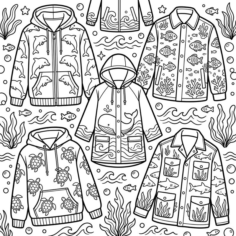 This unique coloring page presents a stylish collection of outerwear, each piece adorned with charming marine life motifs. Explore an ocean-inspired wardrobe filled with dolphins, whales, turtles, and fish, ready for your creative touch.