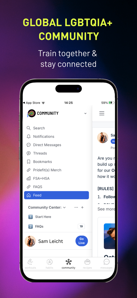 Captura de pantalla de la aplicación Pridefit que muestra la sección de la comunidad para que los entusiastas del fitness LGBTQIA+ se conecten y compartan su progreso.