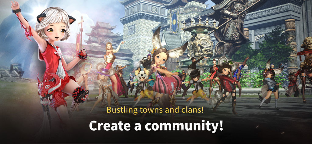 Blade&Soul Revolution - A group of diverse game characters gathered in a bustling town with the text Create a community
