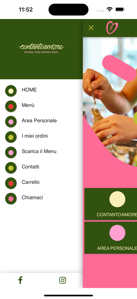 Contantoamore - Navigation menu of the Contantoamore app featuring natural food options