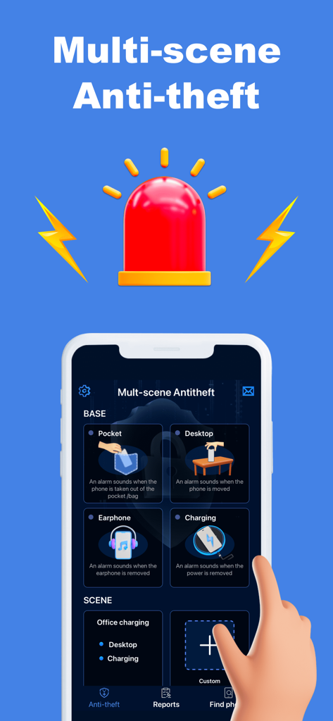 WTMP - Who unlocked my phone? - WTMP app interface displaying various multi-scene anti-theft alarm modes like pocket desktop earphone and charging
