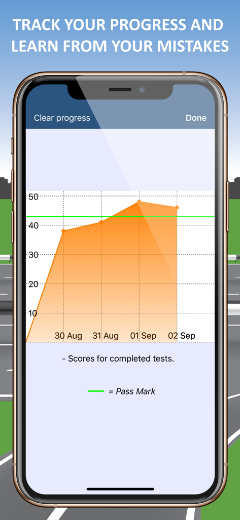 Driving Theory Test Kit (2026) - A graph in the Driving Theory Test Kit app showing a users mock test scores and progress over time compared to the pass mark