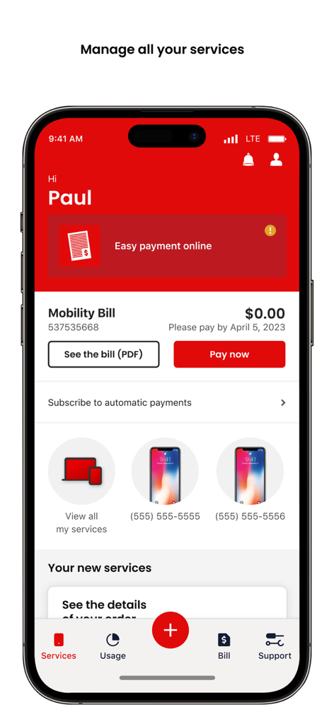 Painel do aplicativo Minha Conta Virgin Plus mostrando gerenciamento de contas e serviços de mobilidade.