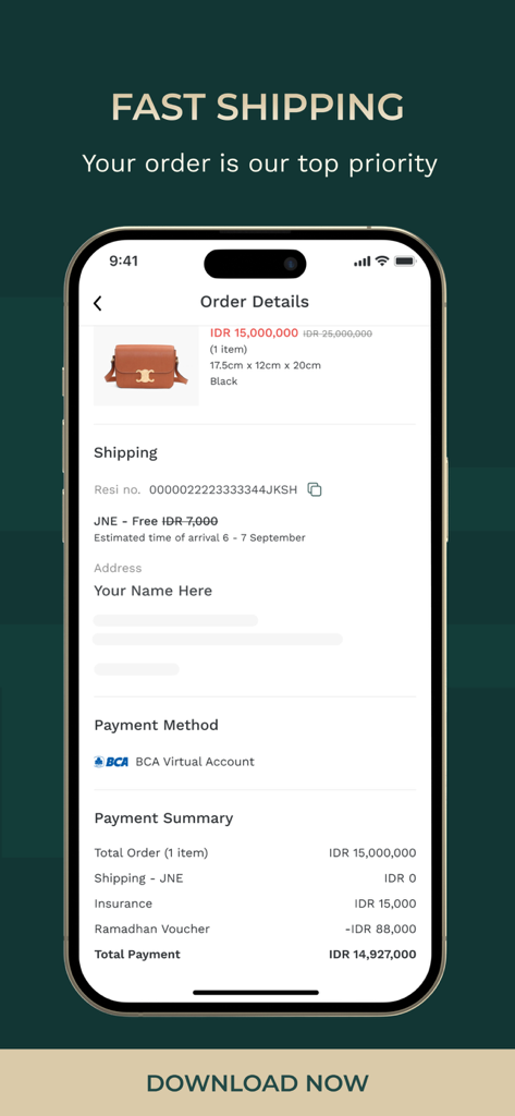 Fashion Forth - Order details screen of the Fashion Forth app showing a luxury handbag purchase with shipping and payment summary.