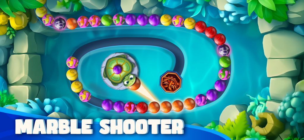 A colorful marble shooter game featuring Woka the turtle shooting marbles in a tropical puzzle level.