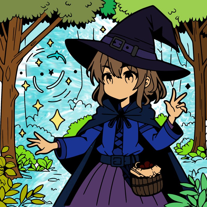 anime witch practicing her magic in forest