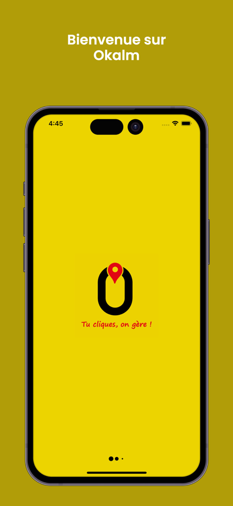 Okalm - Splash screen of the Okalm app featuring its logo and a welcome message in French on a yellow background