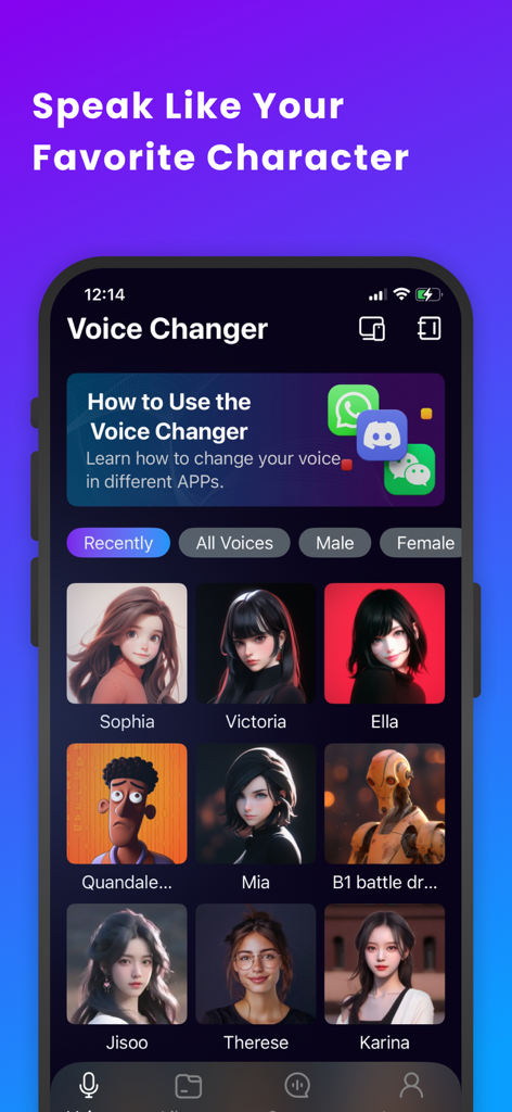 VoiceTrans - AI Voice Changer - 소셜 및 게임 앱을 위한 Sophia 및 B1 배틀 드로이드와 같은 AI 음성 캐릭터 그리드를 보여주는 VoiceTrans 앱 인터페이스