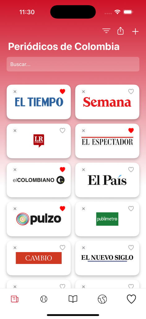 Periódicos de Colombia - Interfaz de la aplicación Periódicos de Colombia mostrando una cuadrícula de logotipos de varios periódicos colombianos como El Tiempo y Semana.