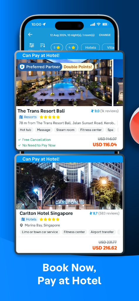 Traveloka app interface showing hotel listings for Bali and Singapore with a pay at hotel option