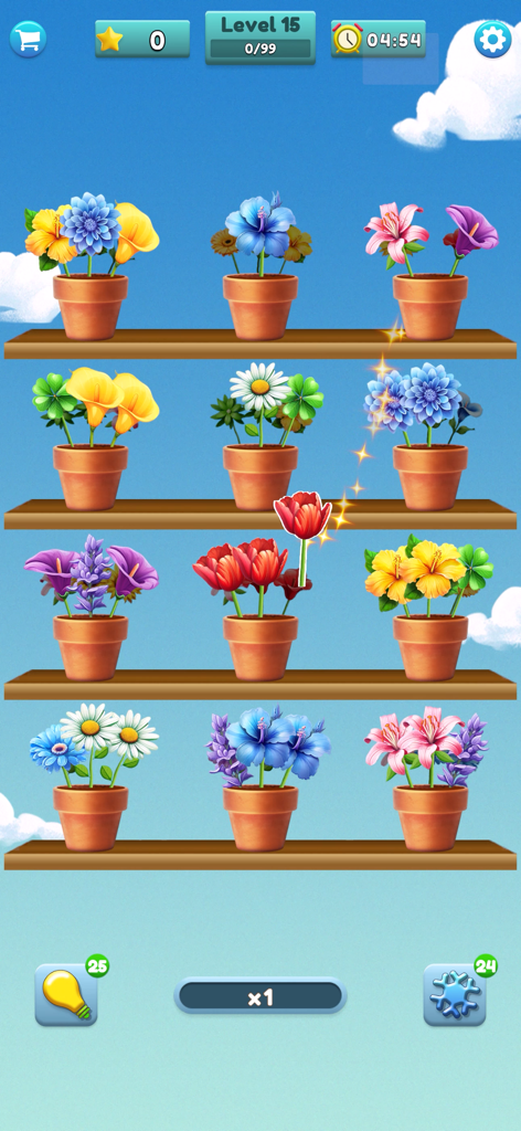 Flower Matching Game - Un nivel en Flower Matching Game que muestra coloridas flores en macetas en estantes de madera.