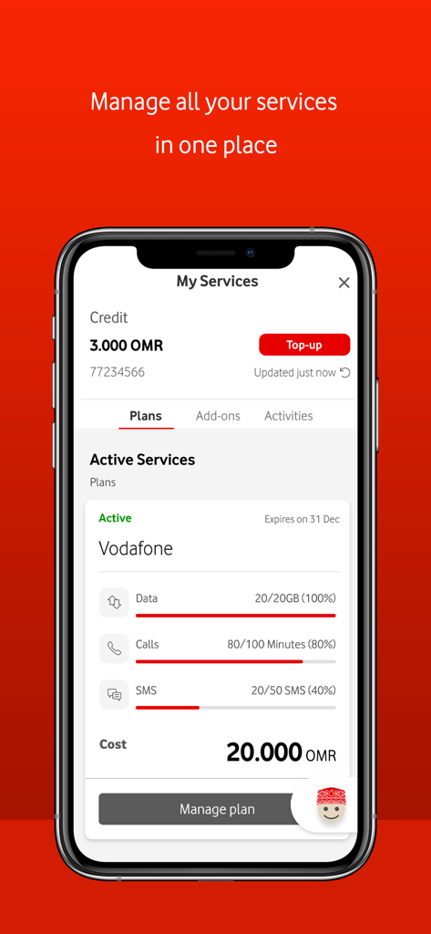 My Vodafone Oman - Interface of My Vodafone Oman app displaying active plan details and service usage levels