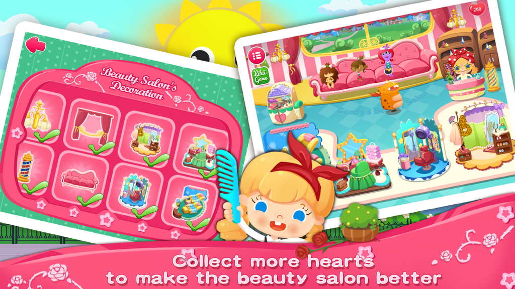 Candy's Beauty Salon - A screen from Candys Beauty Salon showing various furniture and decoration options to upgrade the salon using hearts.