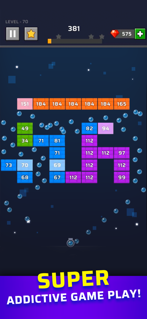 Gameplay screen of Brick Out Shoot the ball featuring colorful numbered bricks and bouncing balls