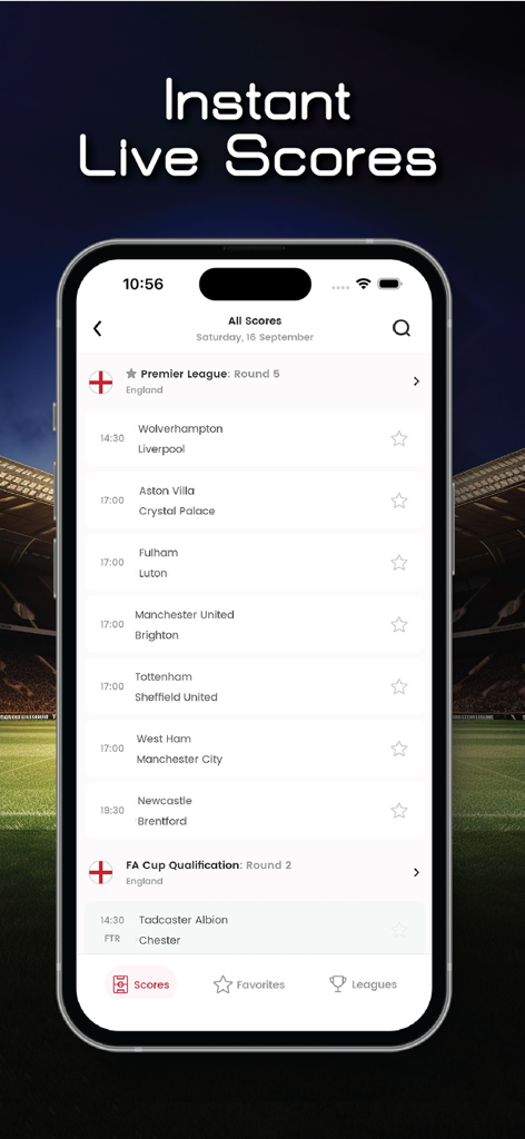 iPhone screen showing real time soccer scores for the Premier League in the Xscores app