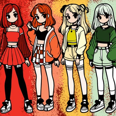 one girl with crop-top shirt and a jacket with a skirt, long socks and another girl with a shirt and pants with a jacket