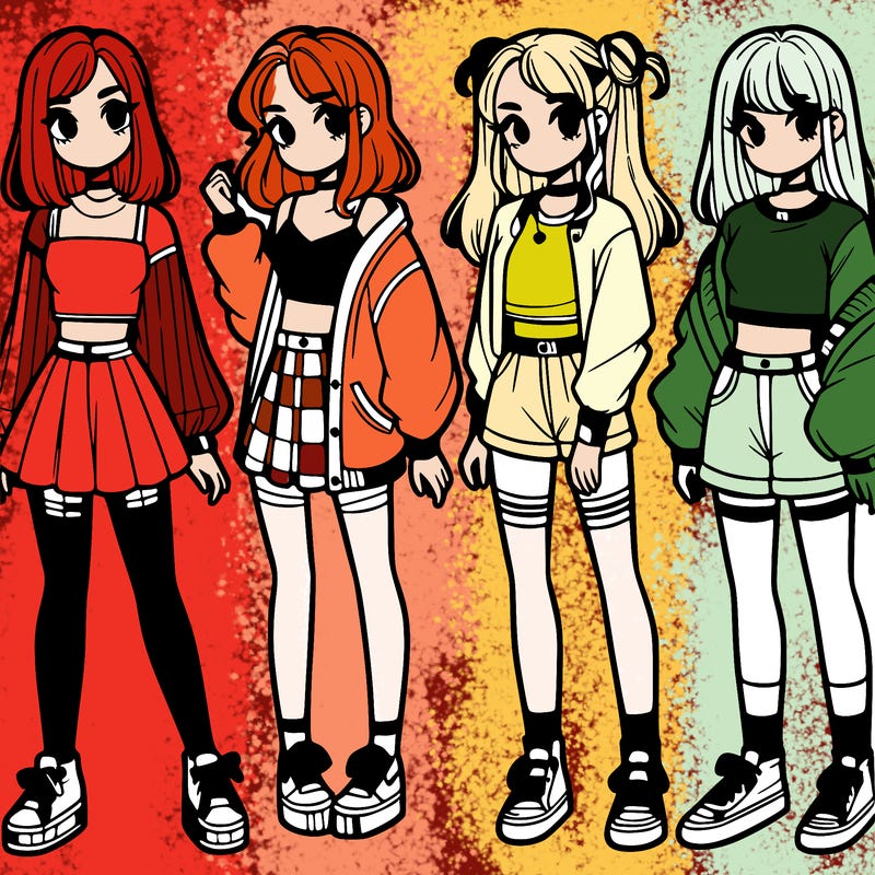 one girl with crop-top shirt and a jacket with a skirt, long socks and another girl with a shirt and pants with a jacket