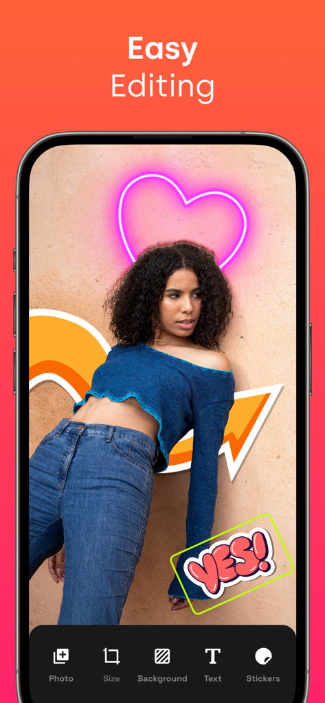 Background Eraser AI - A photo of a woman being edited in the Background Eraser AI app with neon heart and stickers