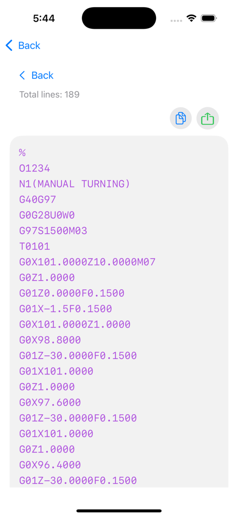 Cnc Turning Programming Pro - A mobile screen showing generated G-code for a Fanuc CNC turning machine