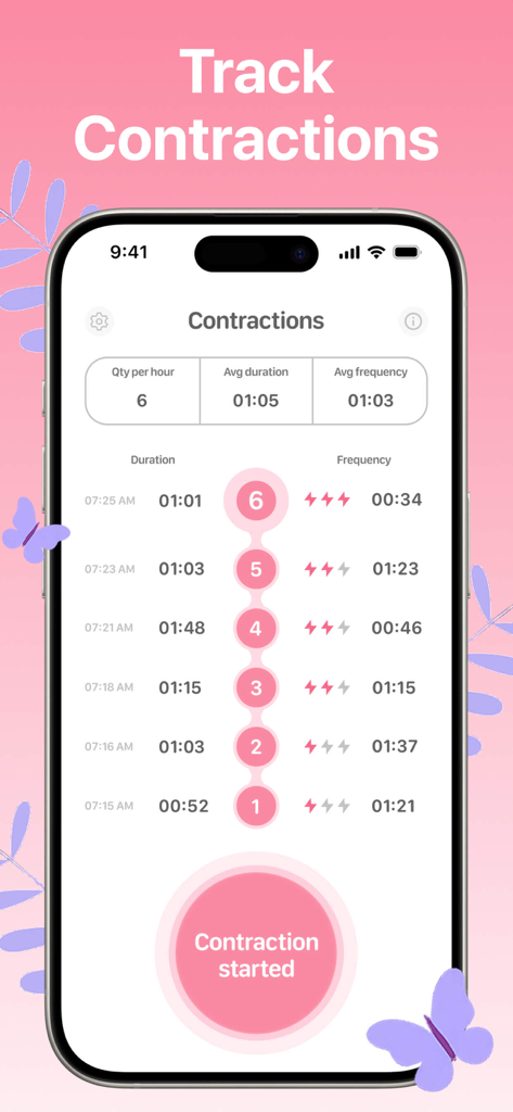Interface of the contraction timer app showing a log of labor contractions with duration and frequency statistics.