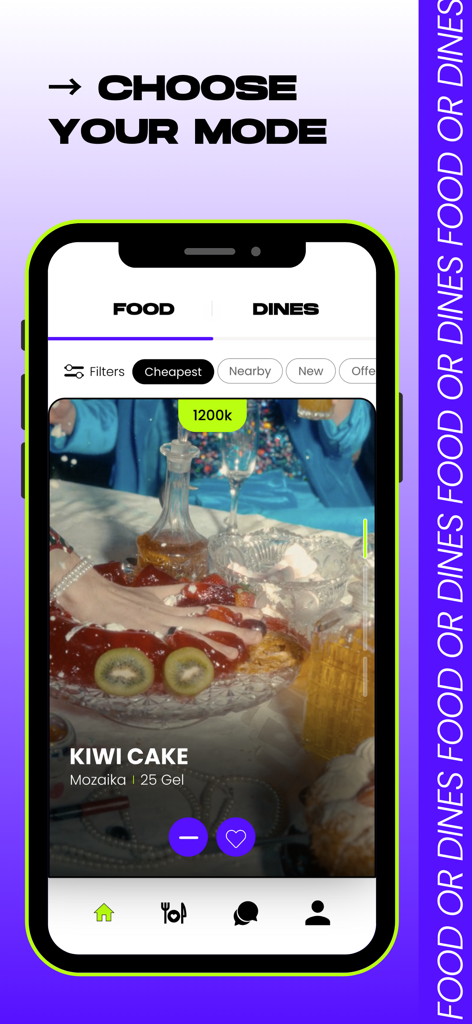 Tasteit: Connecting Foodmates - Tasteit app interface showing the Food Mode swipe screen with a kiwi cake dish and filter options