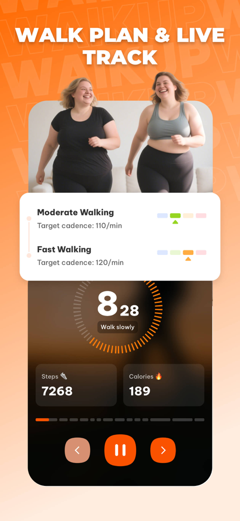 Interfaz de la app WalkUp que muestra un plan de caminata por intervalos con métricas de seguimiento de pasos y calorías.