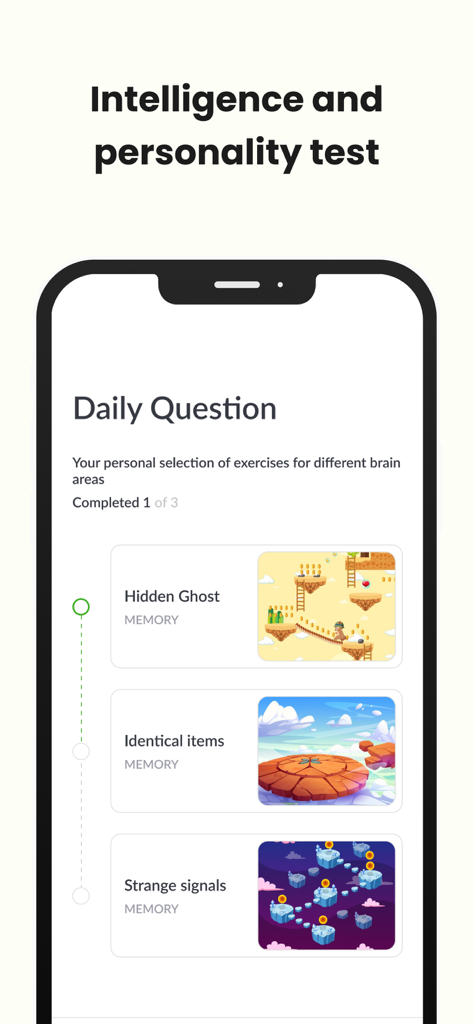 Genius Brain Training - Genius Brain Training app interface showing a list of daily memory exercises including Hidden Ghost and Identical items