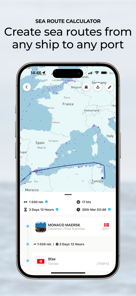 Calcolatore di rotte marittime nell'app ShipAtlas che mostra un viaggio navale dal Mediterraneo a un porto con orario di arrivo stimato e distanza.