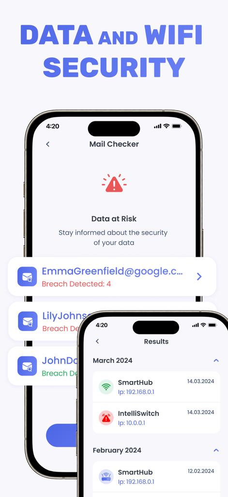Captura de pantalla de smartphone de una aplicación detectora de espías que muestra informes de brechas de correo electrónico y resultados de escaneo de seguridad wifi