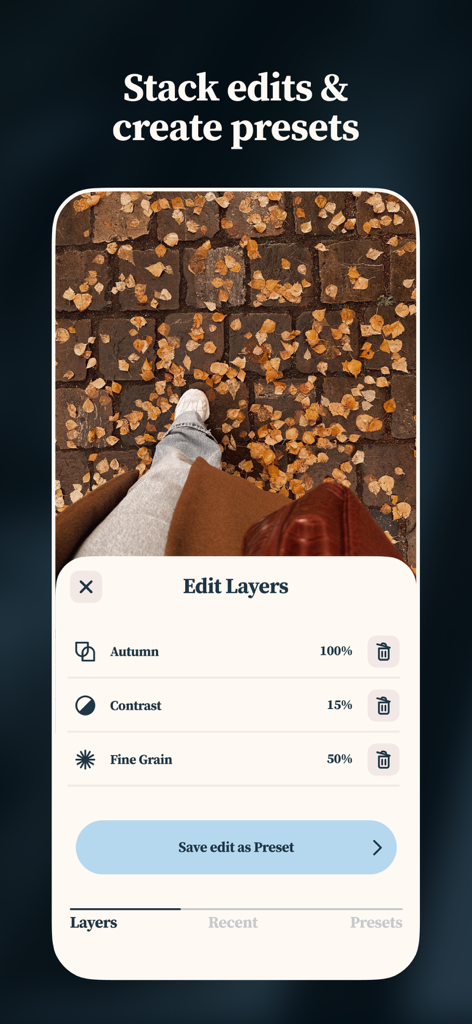 Interface de l'application Setty montrant des filtres photo empilés et l'option de sauvegarder des préréglages personnalisés.