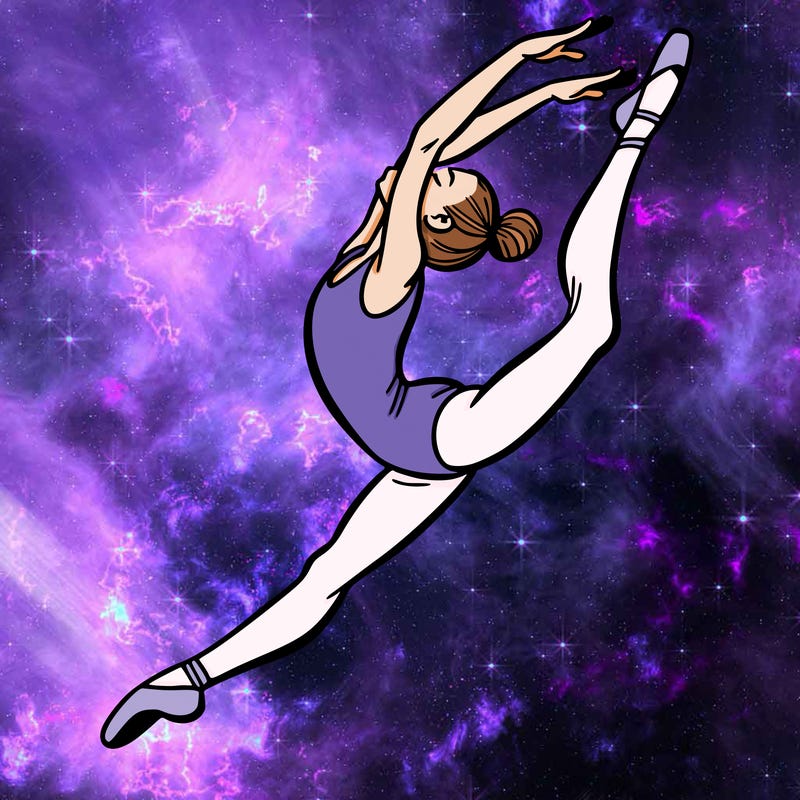 gymnast doing a leap in a leotard with a bent back leg