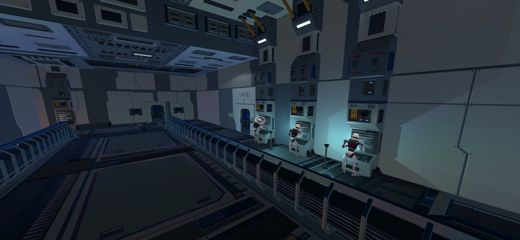 Robots working at consoles inside a futuristic space station in Heromask Mathematics